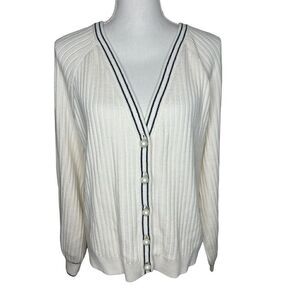 Talbots Ivory Pearl Button Knit Sweater Cardigan Jacket Ribbed Sz L
